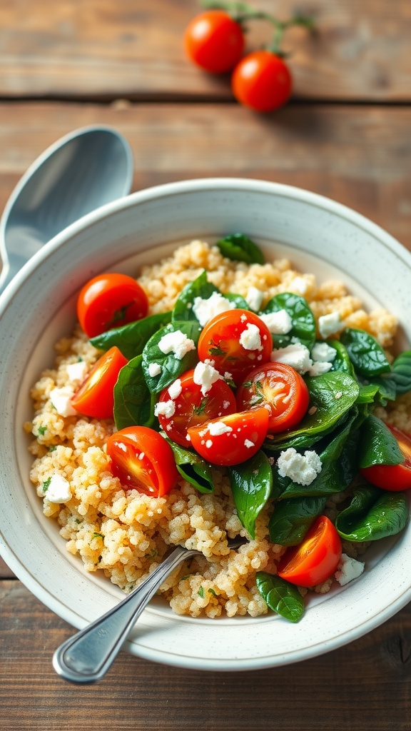 A colorful quinoa breakfast bowl with spinach, tomatoes, and feta cheese on a rustic wooden table.